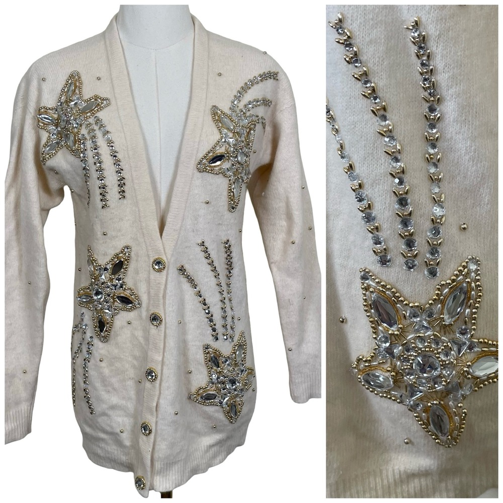 Vtg Marisa Christina Cardigan Sweater Women S Ivory Star Rhinestone Celestial